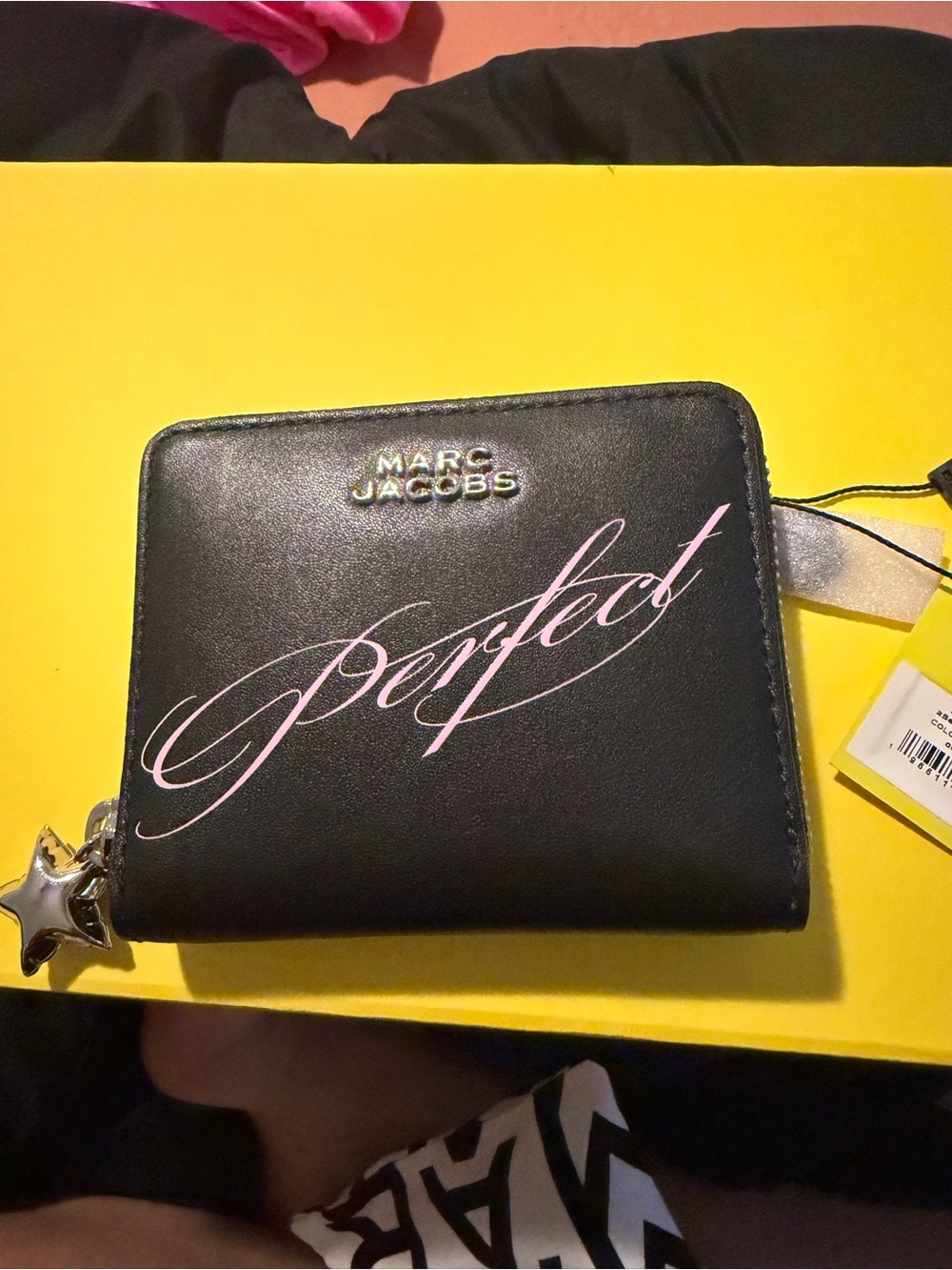 Marc Jacobs Black Leather Zip Wallet with Pink 'Perfect' Script